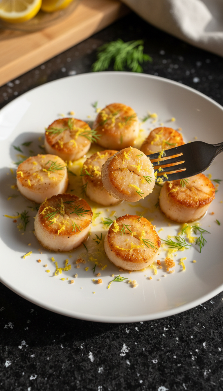 Zitronen Dill Gebratene Jakobsmuscheln​