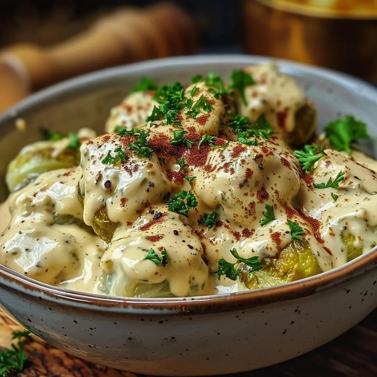 Rosenkohl in cremiger Frischkäse-Senfsauce