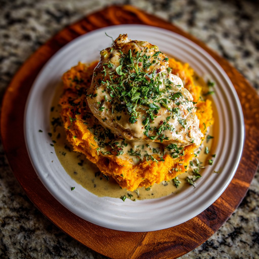 Cremiger Kräuterhähnchen mit Süßkartoffelpüree
