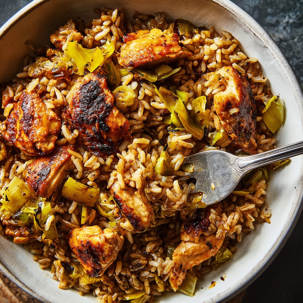 Hähnchen Lauch braun Reis Pfannengerührtes